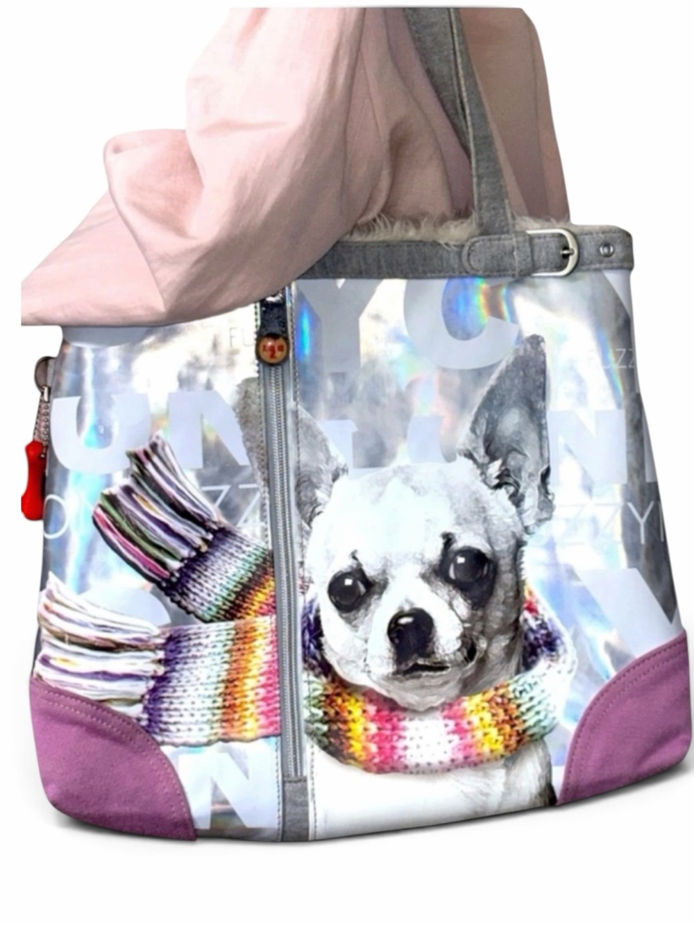 Fuzzy Nation Chihuahua Iridescent Large Shopper Tote Pink Grey Zip Front